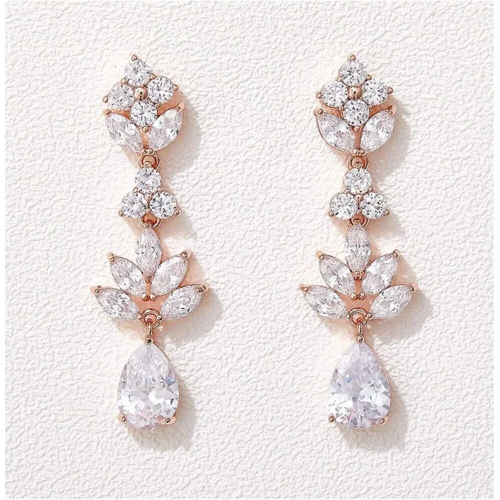 Women's Rose Gold Crystal Cubic Zirconia Bridal Drop Teardrop Wedding Earrings